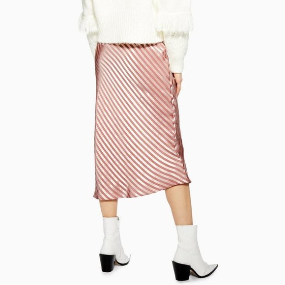 TOPSHOP Bias Stripe Satin Slip Pink Midi Skirt - Picture 2 of 4